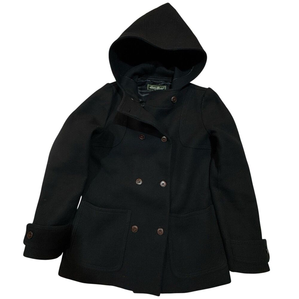 VTG Eddie Bauer Women’s Wool Angora Cashmere Hooded Trench Coat Size Small Black
